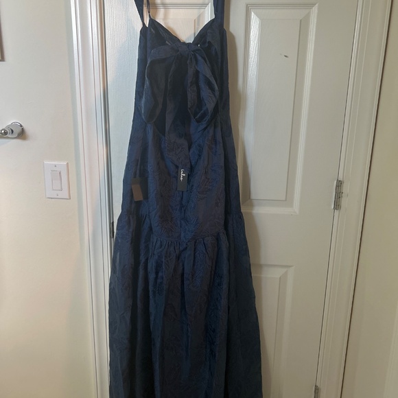 Lulus Opulent Aura Navy Floral Jacquard Tie-back Drop Waist Maxi Dress Blue - Picture 5 of 7